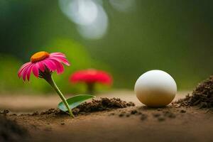 un' bianca uovo e rosa fiore nel il sporco. ai-generato foto