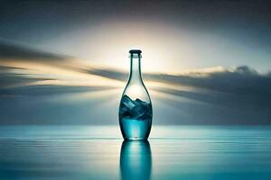 un' bottiglia di acqua seduta su il acqua con un' tramonto nel il sfondo. ai-generato foto