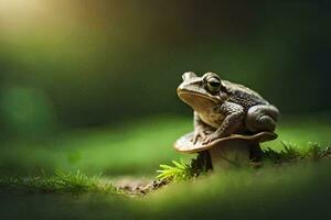 un' rana seduta su superiore di un' fungo nel il erba. ai-generato foto