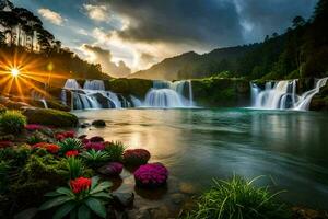 il sole brilla su un' cascata nel il mezzo di un' fiume. ai-generato foto