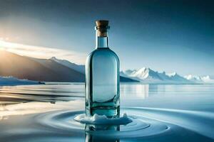 un' bottiglia di acqua si siede su il acqua con montagne nel il sfondo. ai-generato foto