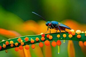 un' insetto è seduta su un' pianta con arancia frutti di bosco. ai-generato foto