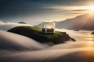 un' piccolo Casa si siede su superiore di un' montagna con nuvole nel il sfondo. ai-generato foto