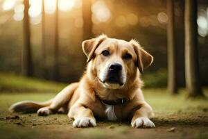 un' cane posa nel il erba nel il boschi. ai-generato foto