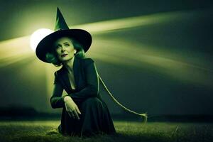 un' donna nel un' strega cappello seduta su il erba. ai-generato foto