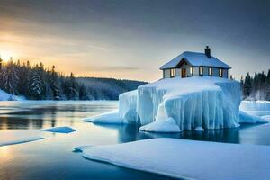 un iceberg con un' Casa su superiore di esso. ai-generato foto