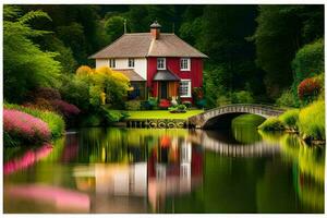 un' Casa e ponte nel un' lussureggiante verde paesaggio. ai-generato foto