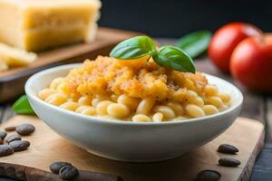 maccheroni e formaggio con parmigiano formaggio e basilico le foglie nel un' bianca ciotola. ai-generato foto