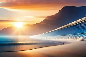 un' ponte al di sopra di il oceano con il sole ambientazione dietro a esso. ai-generato foto