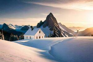 un' Casa nel il neve con un' cervo. ai-generato foto