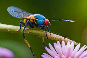 un' colorato insetto è arroccato su un' fiore. ai-generato foto