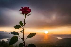 foto sfondo il cielo, tramonto, il montagne, il sole, il montagne, persona, persona. ai-generato