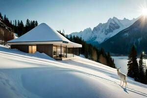 un' Casa nel il neve con un' cervo. ai-generato foto