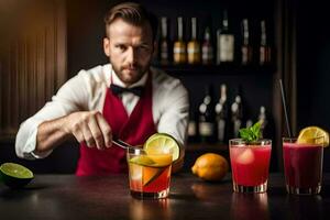 un' barista preparazione cocktail nel davanti di un' sbarra. ai-generato foto