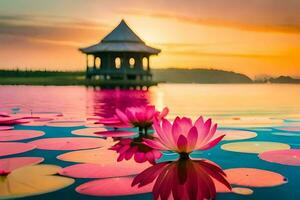 rosa loto fiori nel il acqua a tramonto. ai-generato foto