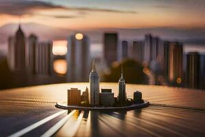 un' miniatura città su superiore di un' auto con un' tramonto nel il sfondo. ai-generato foto