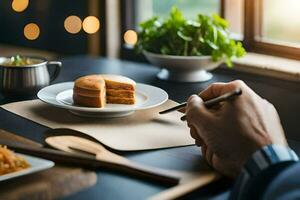 un' persona è scrittura su un' pezzo di torta. ai-generato foto