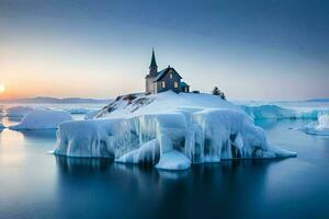 un' Chiesa su un iceberg nel il mezzo di il oceano. ai-generato foto