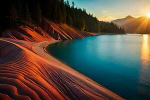 il sole imposta al di sopra di un' lago e rosso sabbia dune. ai-generato foto