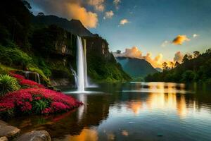 il cascata nel il mezzo di il lago è riflessa nel il acqua. ai-generato foto