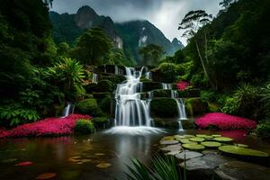 un' cascata nel il mezzo di un' lussureggiante verde foresta. ai-generato foto