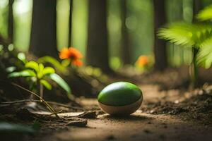 un' verde palla si siede nel il mezzo di un' foresta. ai-generato foto