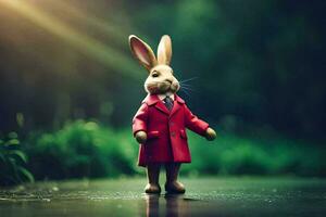 un' giocattolo coniglio indossare un' rosso cappotto e legare. ai-generato foto