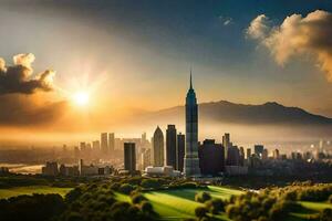 il sole sorge al di sopra di il città orizzonte. ai-generato foto