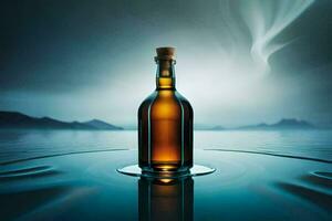 un' bottiglia di Whisky su il acqua con Fumo In arrivo su di esso. ai-generato foto