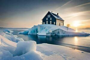 un' Casa su un iceberg nel il mezzo di il oceano. ai-generato foto