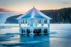 ghiaccio coperto gazebo su il acqua a tramonto. ai-generato foto