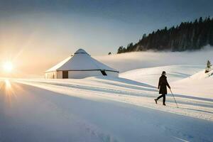 un' persona a piedi attraverso un' neve coperto campo con un' capanna nel il sfondo. ai-generato foto