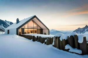 un' moderno Casa nel il montagne con neve. ai-generato foto