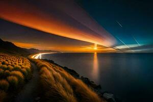 un' lungo esposizione foto di un' tramonto al di sopra di il oceano. ai-generato