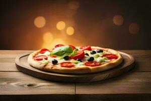 Pizza su un' di legno tavolo con un' sfocato sfondo. ai-generato foto