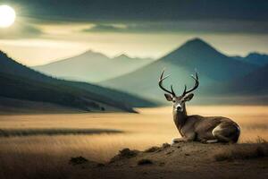 un' cervo si siede nel il mezzo di un' campo con montagne nel il sfondo. ai-generato foto