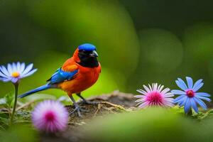 un' colorato uccello è in piedi su un' ramo con fiori. ai-generato foto