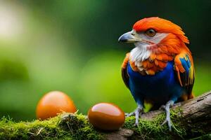 un' colorato uccello si siede su un' ramo con uova. ai-generato foto