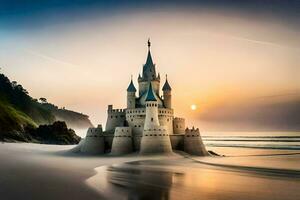 un' castello su il spiaggia a tramonto. ai-generato foto