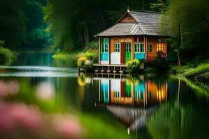 un' piccolo Casa si siede su il bordo di un' lago. ai-generato foto