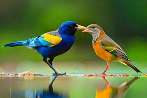 Due uccelli in piedi su il acqua con un' blu e giallo uccello. ai-generato foto