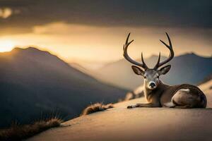 un' cervo è seduta su il terra nel davanti di montagne. ai-generato foto