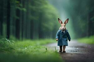 un' coniglio nel un' blu cappotto a piedi giù un' sentiero. ai-generato foto