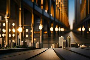 un' paesaggio urbano con un' ponte e luci. ai-generato foto