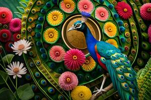 un' colorato pavone sta nel davanti di un' colorato fiore disposizione. ai-generato foto