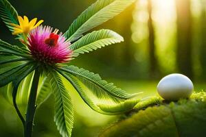 un' bianca perla su un' verde foglia con un' fiore. ai-generato foto