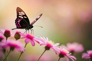 un' farfalla è seduta su alcuni rosa fiori. ai-generato foto