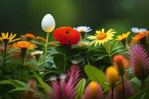 un' bianca uovo è seduta nel il mezzo di un' mazzo di colorato fiori. ai-generato foto
