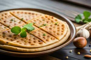 Pizza con aglio e erbe aromatiche su un' di legno tavolo. ai-generato foto