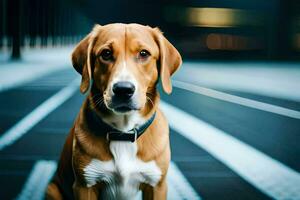 un' cane seduta su il strada nel davanti di un' costruzione. ai-generato foto